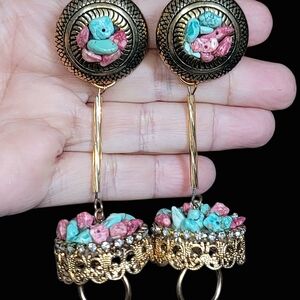 Vintage Boho Gold Pink and Turquoise Beaded Dangle Clip On Earrings
